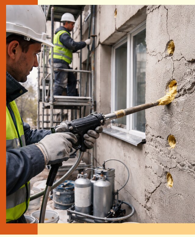 Заполнение пустот в фасаде и утепление стен в Боровичах